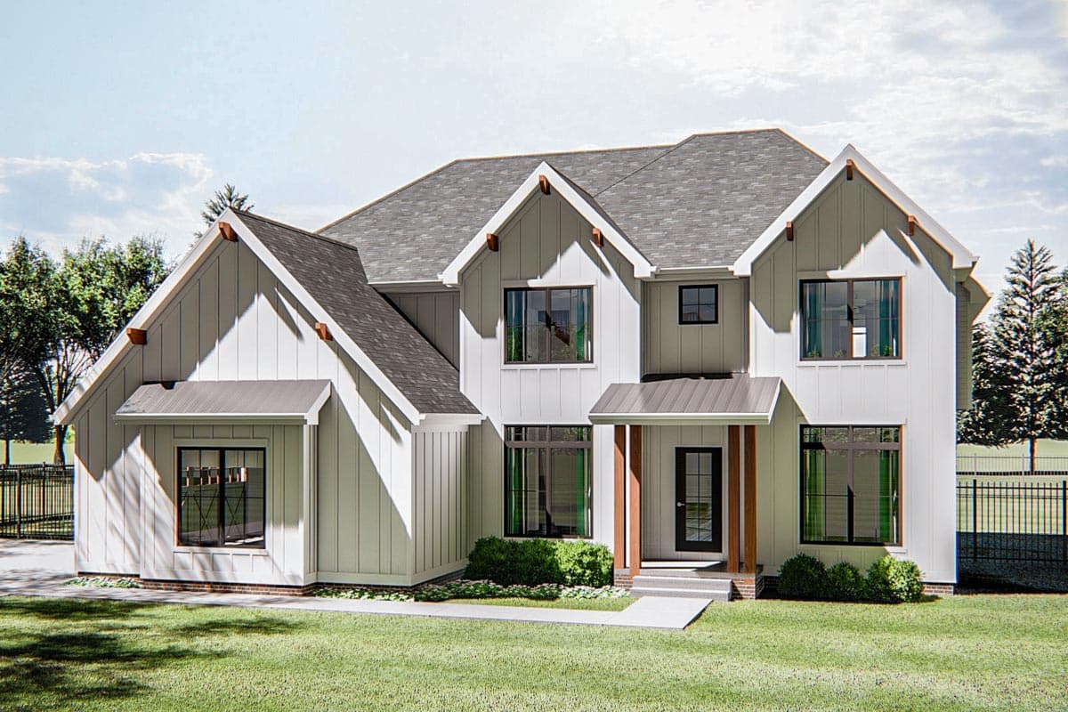 House plan exterior. Modern Farmhouse style, two-story home with multiple gables, shed roof porch, and vertical siding.
