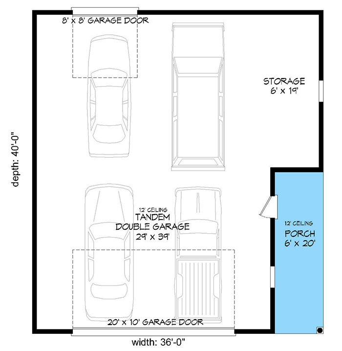 Plan 68608VR: 4-Car Drive-Through Tandem Garage - 1320 Sq Ft - Floor Plan - Main Level - Country, Traditional