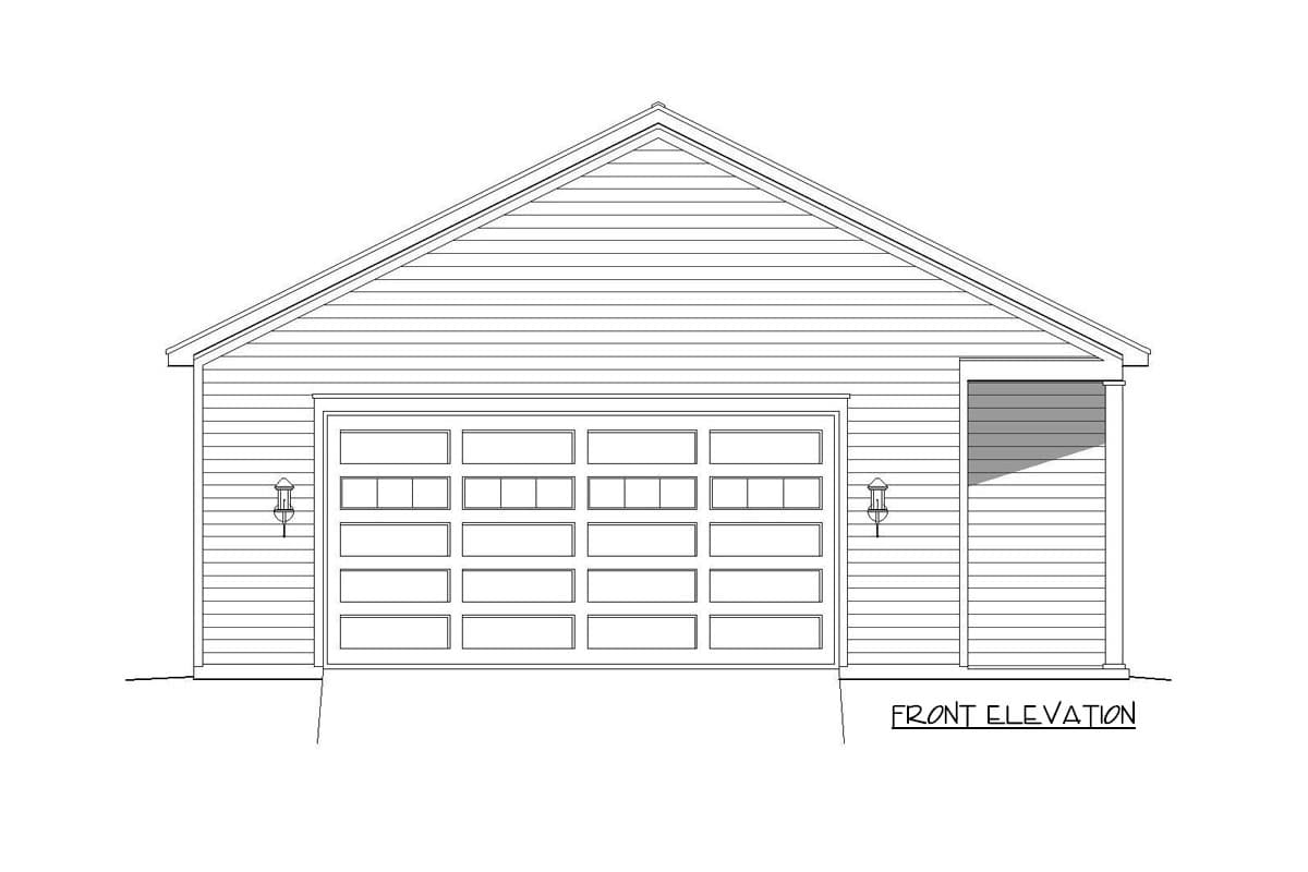 Front elevation drawing of a house plan showing a two-car garage with a gable roof and two exterior lights.