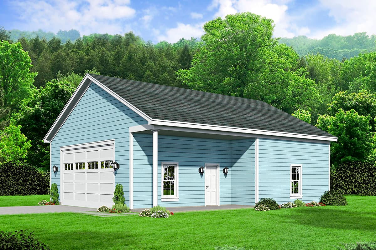 House plan exterior. One-story garage with gable roof and a covered porch supported by columns. Features a large garage door.