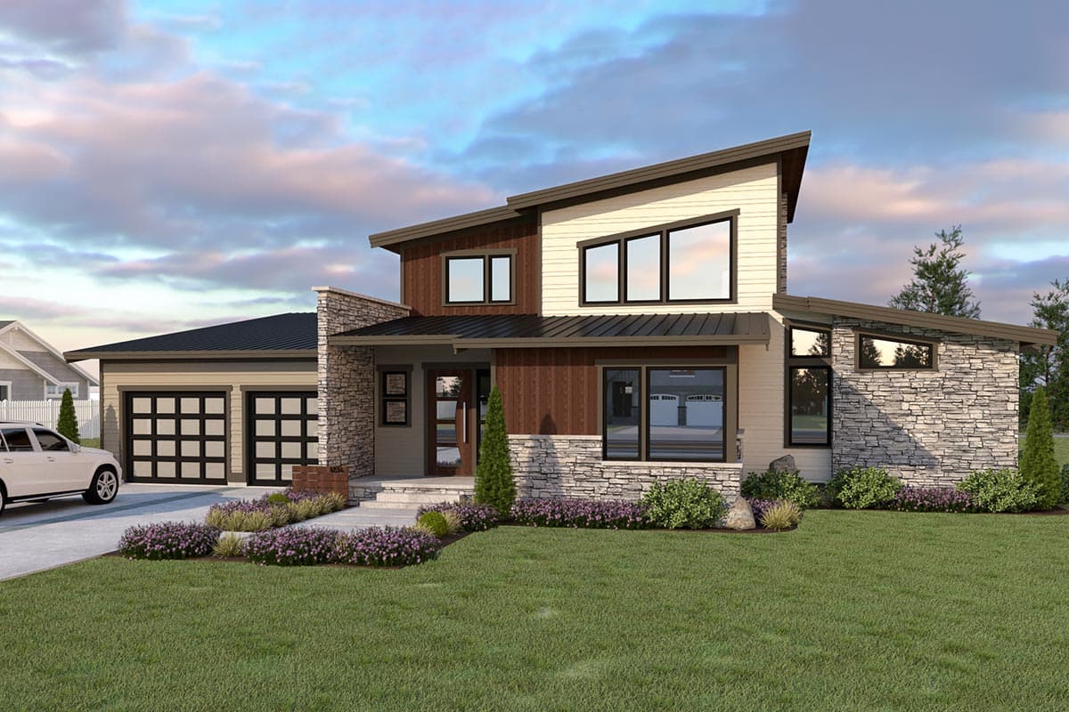 House plan exterior. Two-story Modern house with a slanted roof, stone facade, and a two-car garage. Features include large windows.