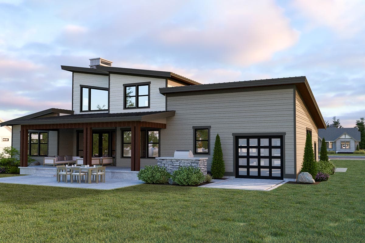 Modern house plan exterior with covered porch, dual-pane windows, and a garage with glass-paneled doors.