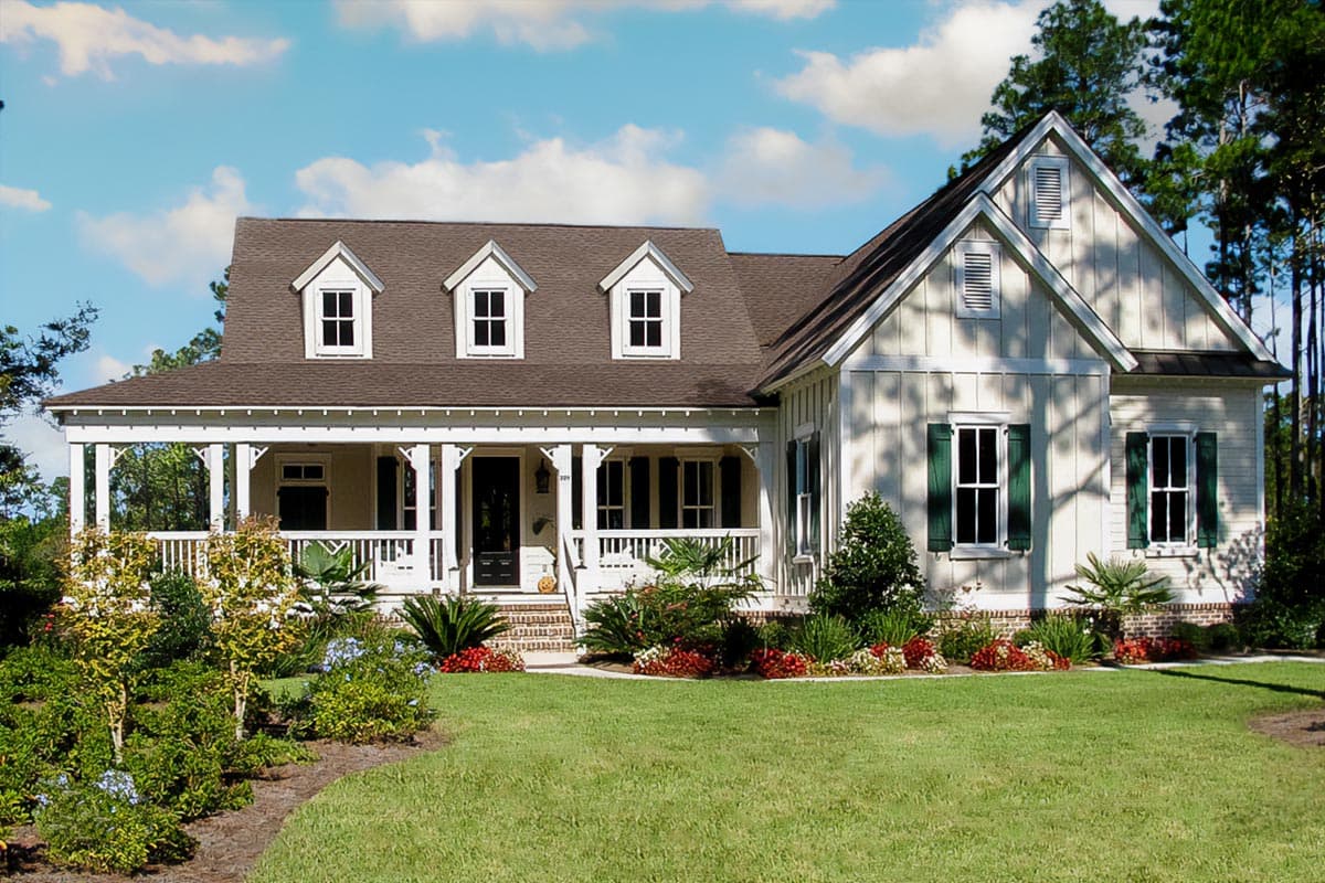 House plan exterior featuring a two-story farmhouse style home with dormers, a wraparound porch, and gable rooflines.