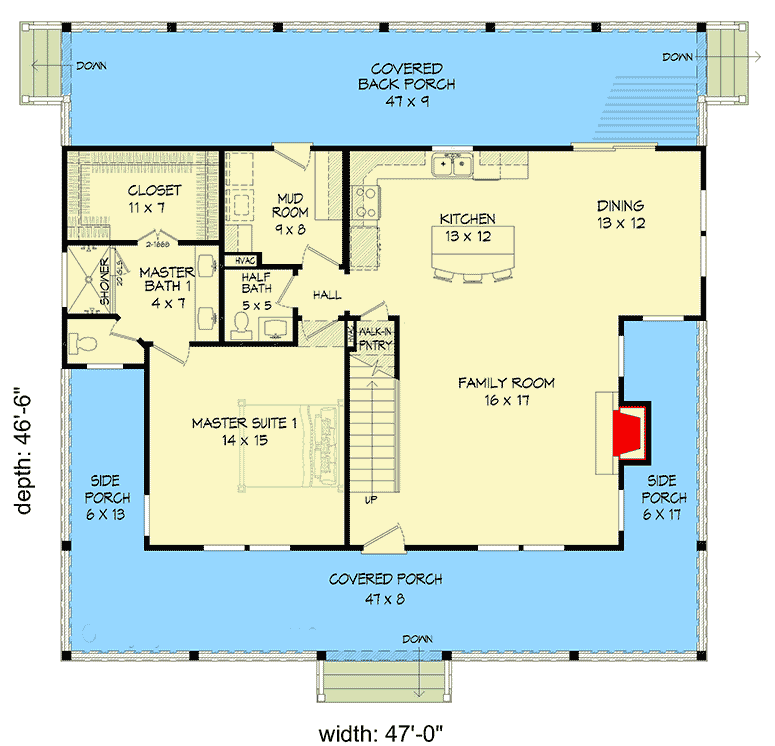 Plan 68609VR: Two-Story Country Home Plan with Plenty of Outdoor Living Space - Floor Plan - Main Level - Country, Southern, Traditional