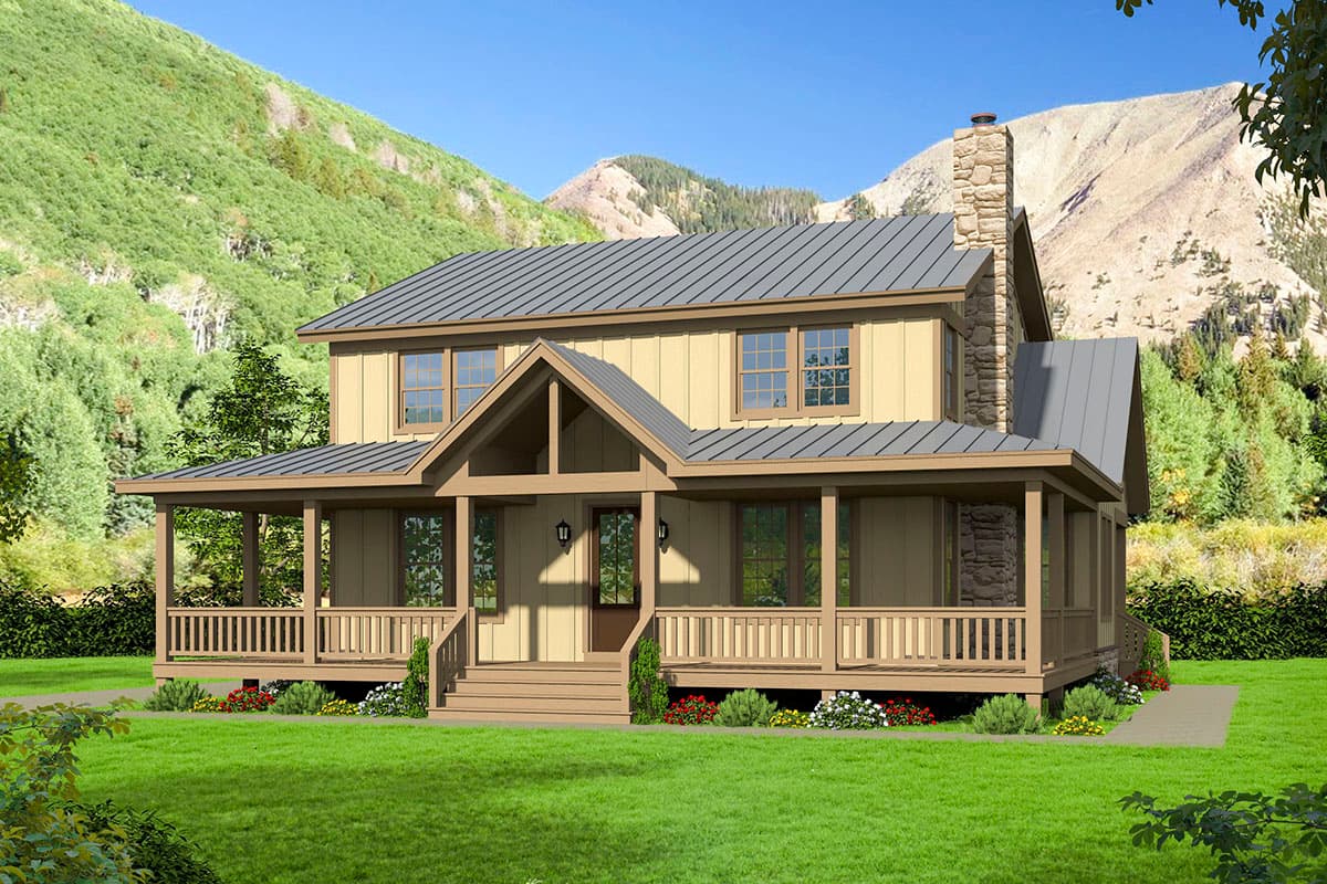 House plan exterior: Two-story house in a cabin style with a covered porch, gable roof, and stone chimney.