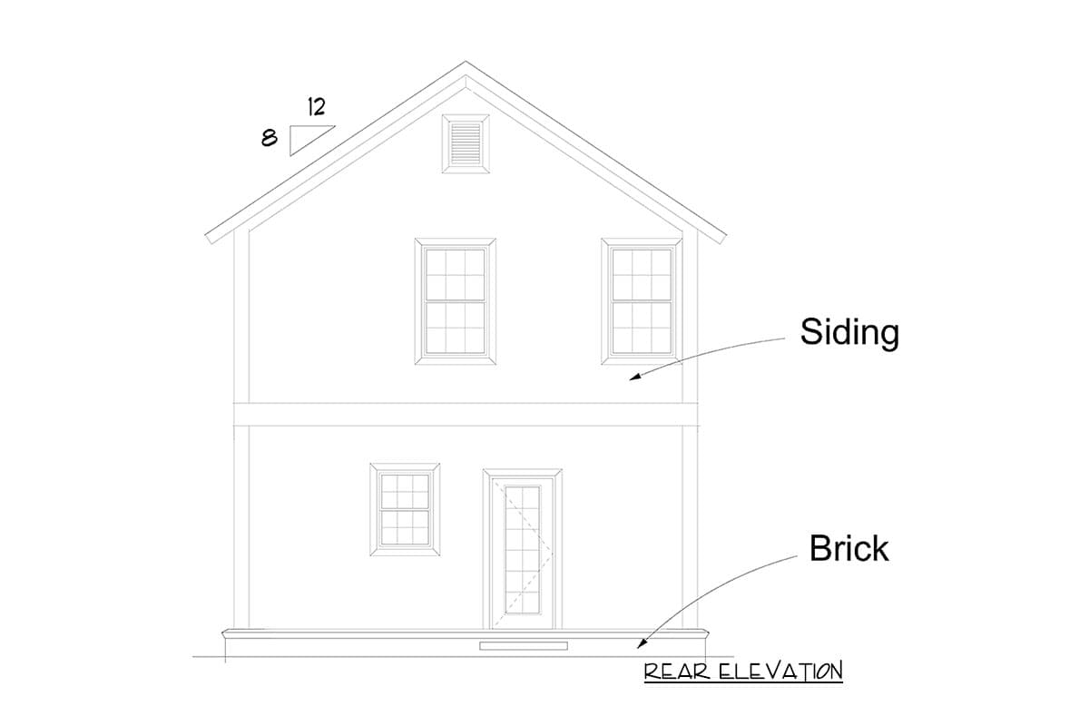 Rear elevation house plan, two stories, gabled roof with vent, two upper windows, one lower window, and a door with sidelights.