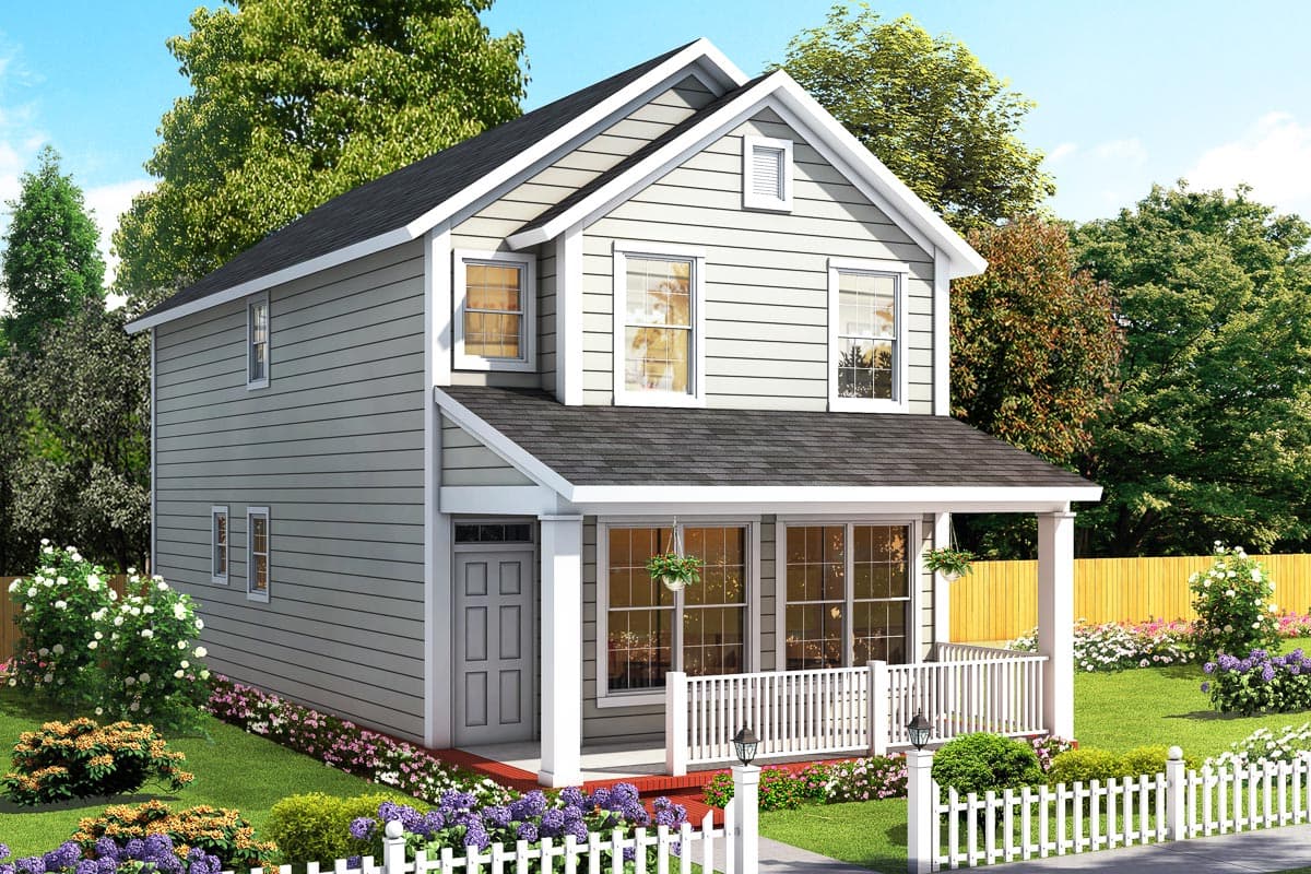 House plan exterior with two stories. Features include a front porch with a gable roof, multiple dormers, and a white picket fence.