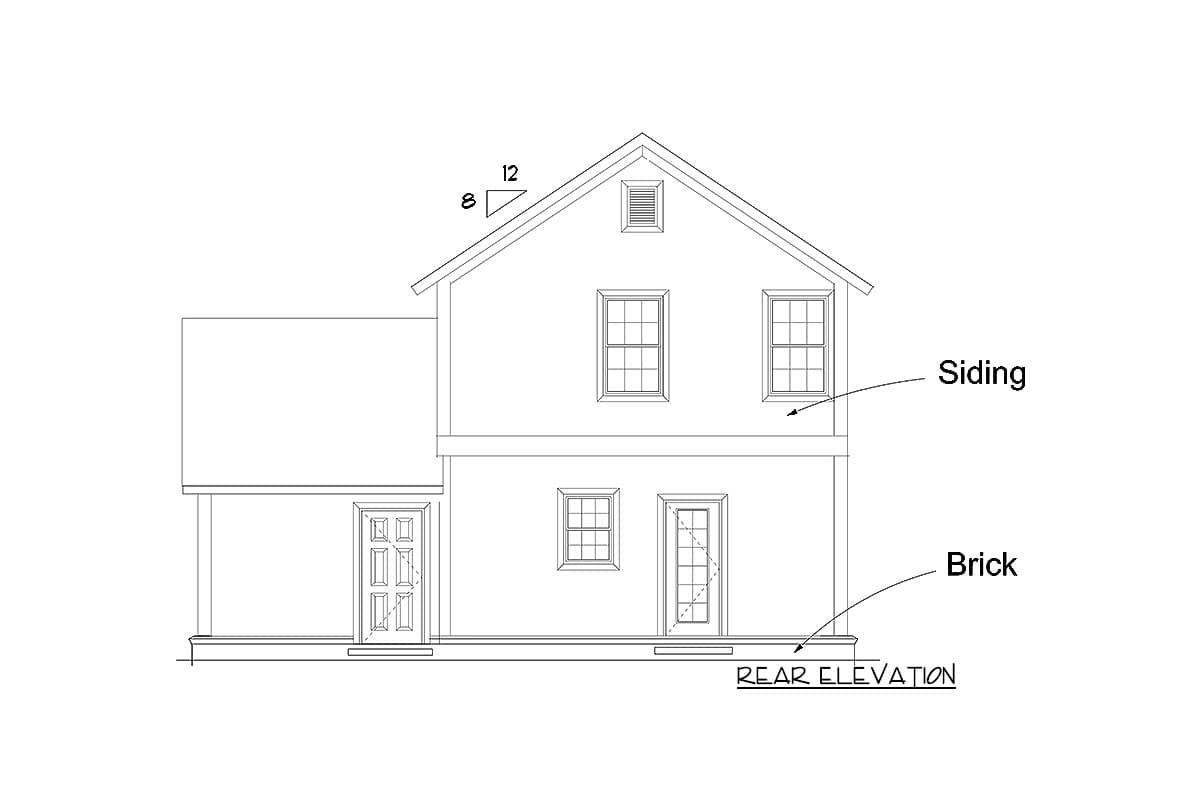 Rear elevation drawing of a two-story house with siding, brick foundation, dormer window, and porch.
