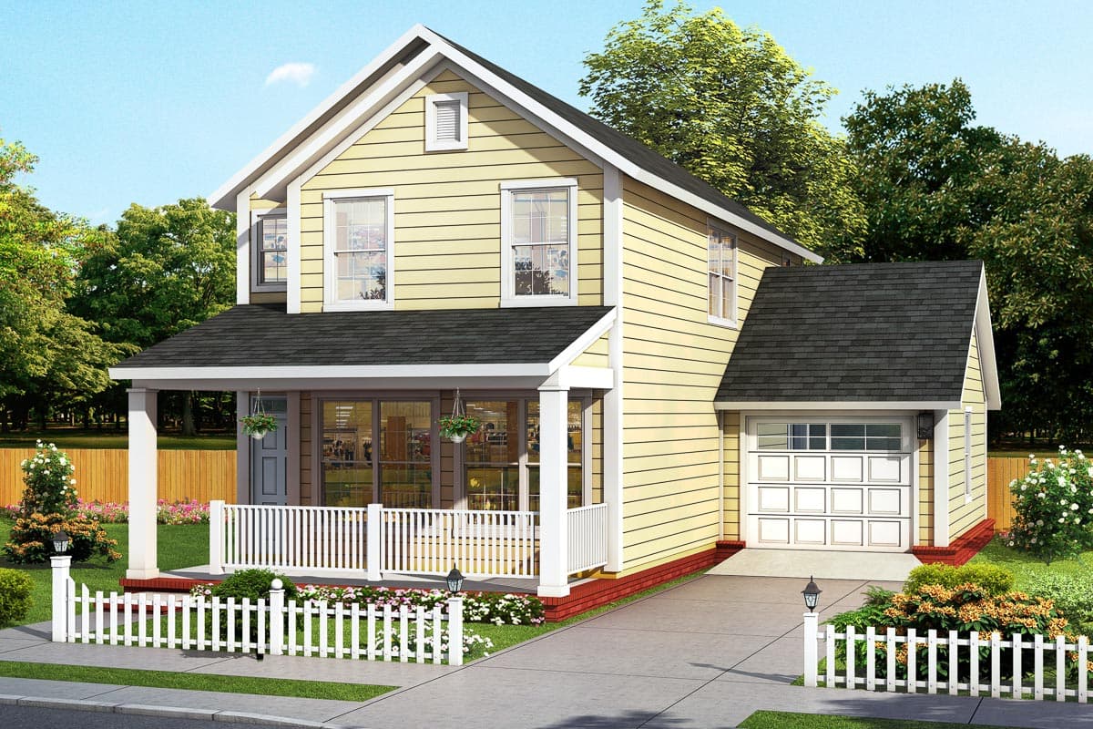 House plan exterior. Two-story house with gabled roof, front porch with columns, and attached garage. Includes white picket fence and landscaping.