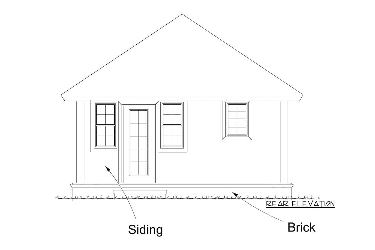 Rear elevation drawing of a one-story house with siding and brick accents, featuring a centered glass door and three windows.