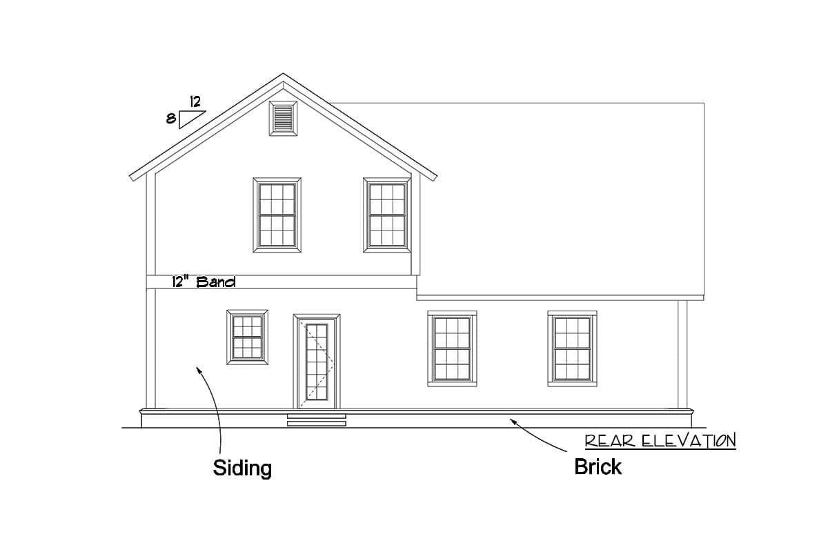 Rear elevation house plan showing two stories, siding and brick, a 12" band, multiple windows, and a central door with steps.