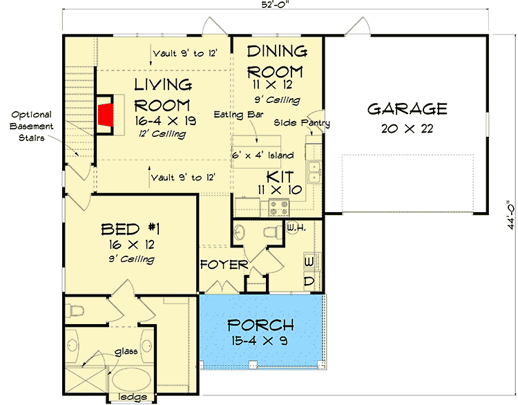 Plan 52298WM: 3-Bed Home Plan with Farmhouse Porch - Floor Plan - Main Level - Cottage, Country, Farmhouse, Traditional