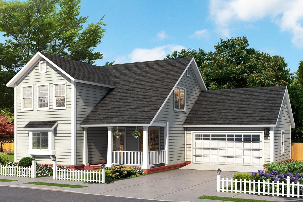 House plan exterior. Two-story with gable roof, front porch, and attached garage. Windows include dormer and multi-pane. White picket fence.