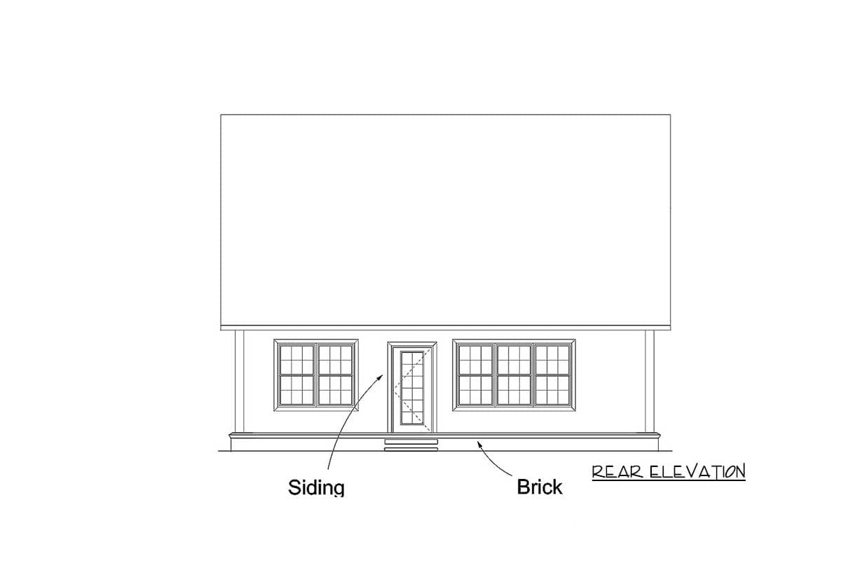Rear elevation house plan with two windows flanking a central door. Siding and brick accents visible.
