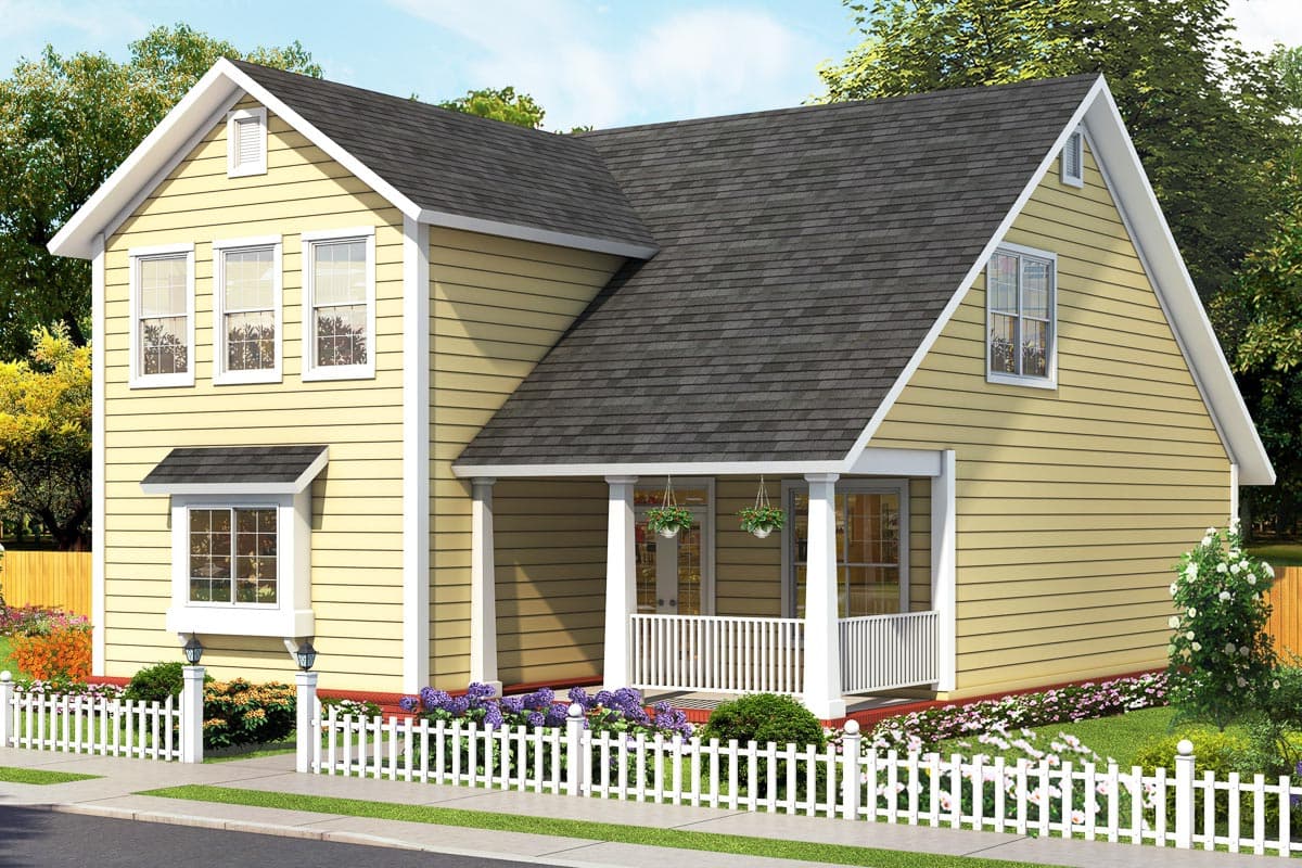 House plan exterior. Two-story house with gabled roof, small porch, and dormer window. Features include a picket fence and vinyl siding.
