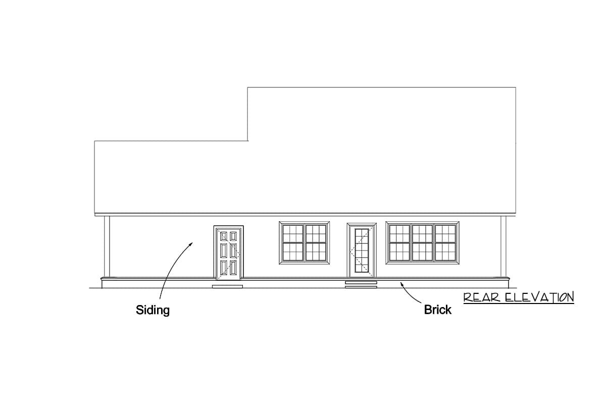 Rear elevation house plan showing siding and brick base, with one door and three windows.