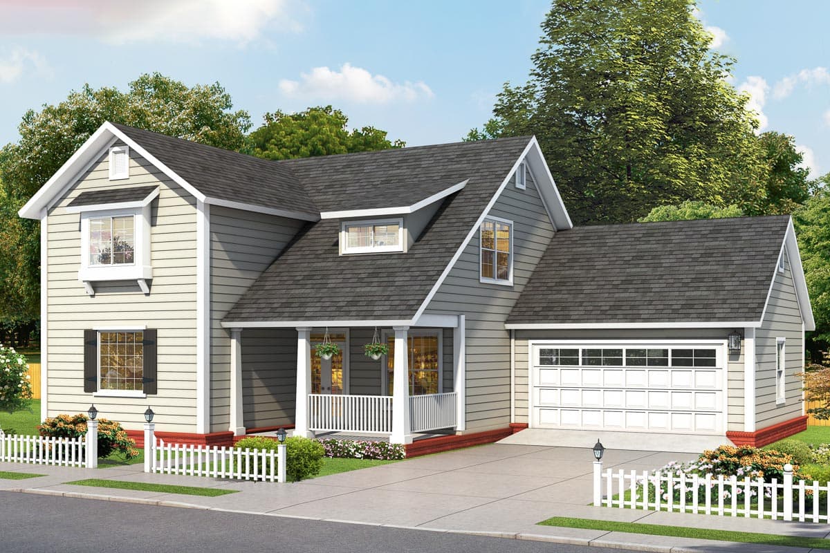 House plan exterior rendering, two-story with Craftsman details. Features include a front porch, gabled roof, dormers, and an attached garage.