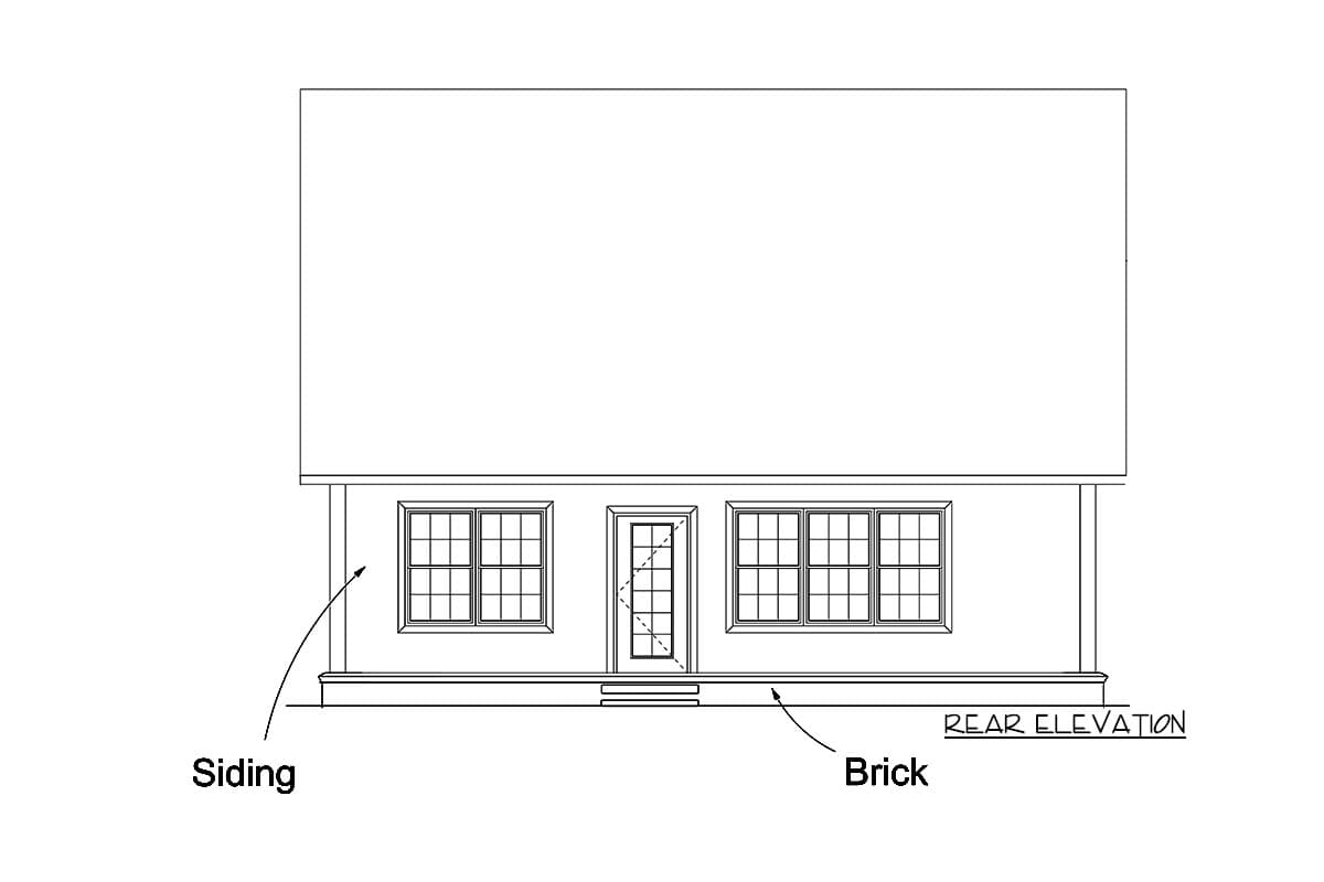 Rear elevation drawing of a house plan featuring siding, brick, two windows, and a central door with steps.