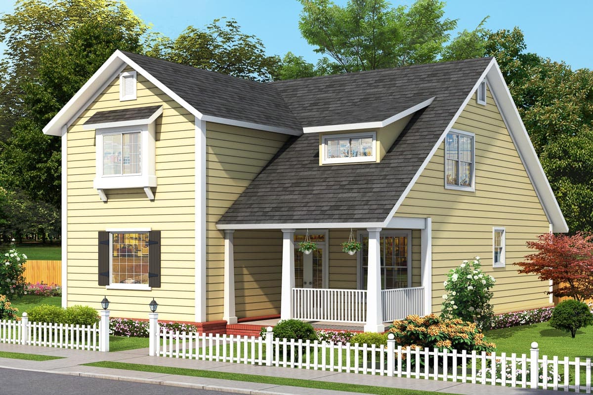 House plan exterior. Two-story home with a gabled roof, dormer, and front porch with white columns and railing.
