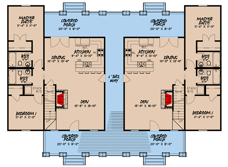 Plan 70627MK: Charming Modern Farmhouse Duplex House Plan - 4 Bed, 3 Bath, 1595 Sq Ft Each Unit - Floor Plan - Main Level - Country, Craftsman, Mountain