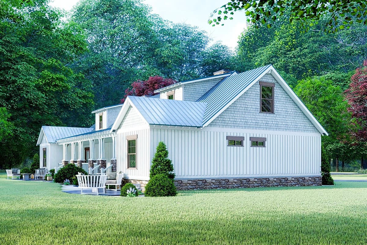 House plan exterior: Modern Farmhouse style, two stories, metal roof, front porch with columns, board and batten siding.