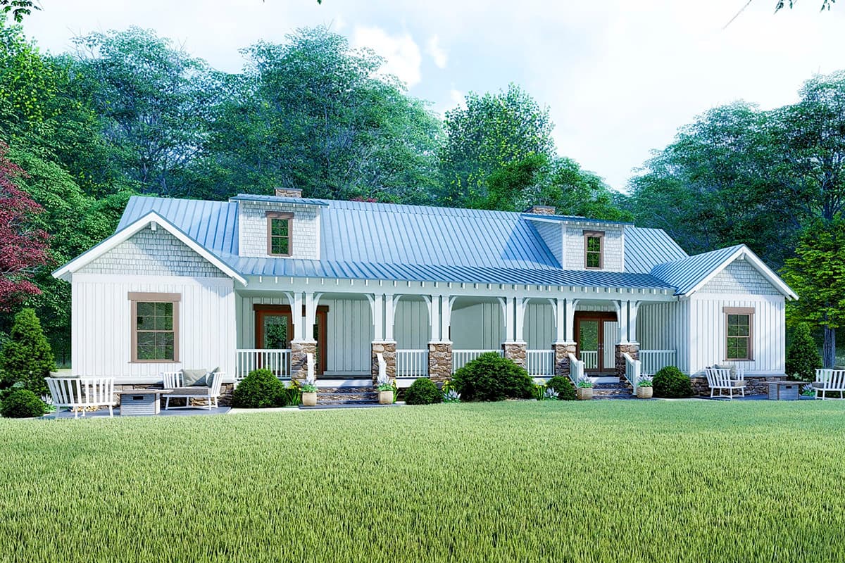 Modern Farmhouse house plan exterior with a wrap-around porch, metal roof, dormers, and board-and-batten siding.