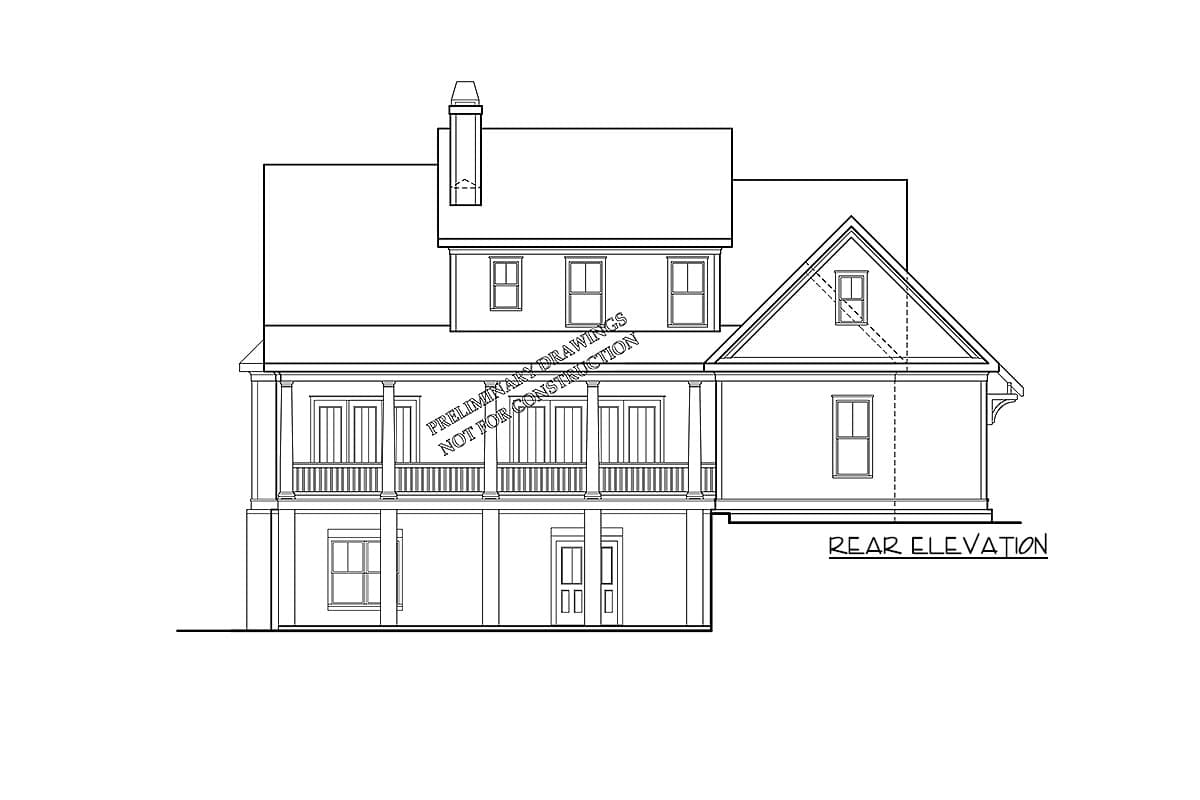Rear elevation house plan drawing showing a two-story structure with a full-width covered porch, gabled dormer, and chimney.