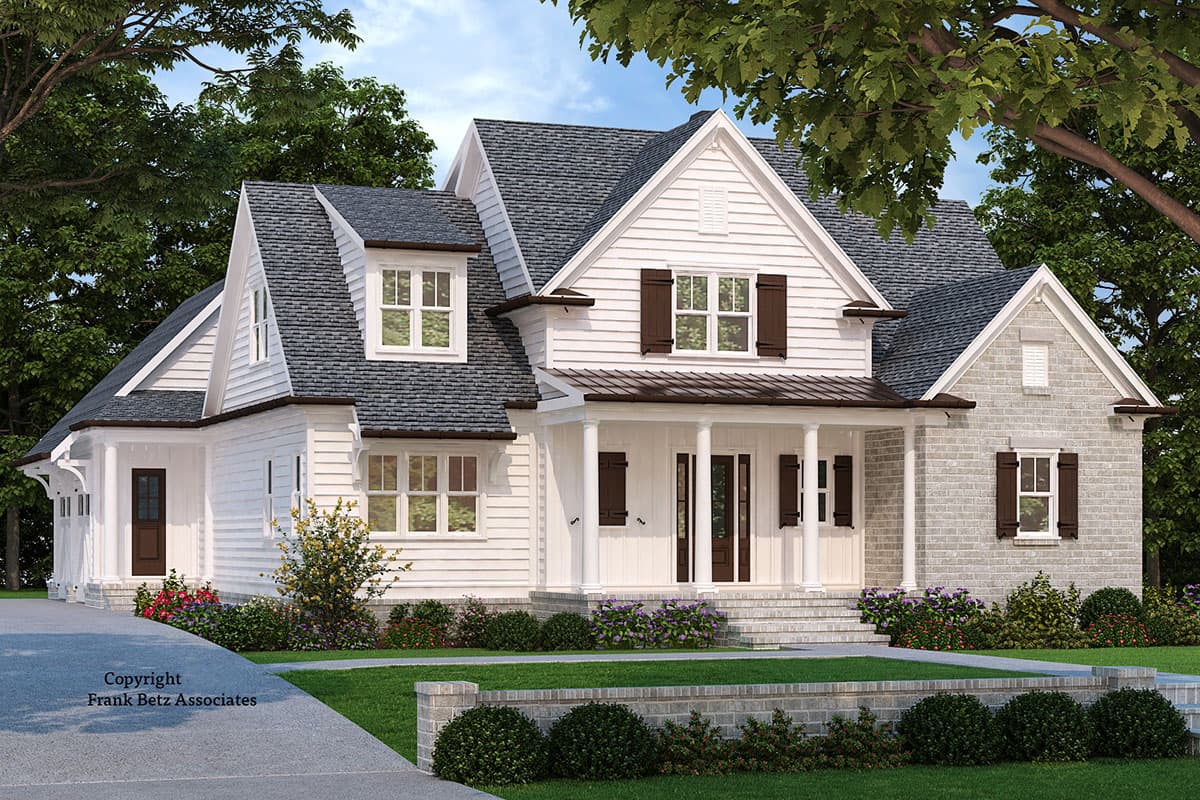House plan exterior featuring a two-story farmhouse style, front porch with columns, gabled roof, and brick facade accents.