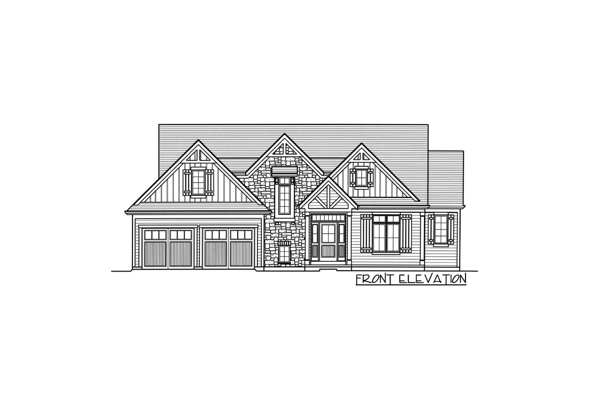 Front elevation house plan with gabled dormers, stone accents, a covered entry, and a three-car garage.