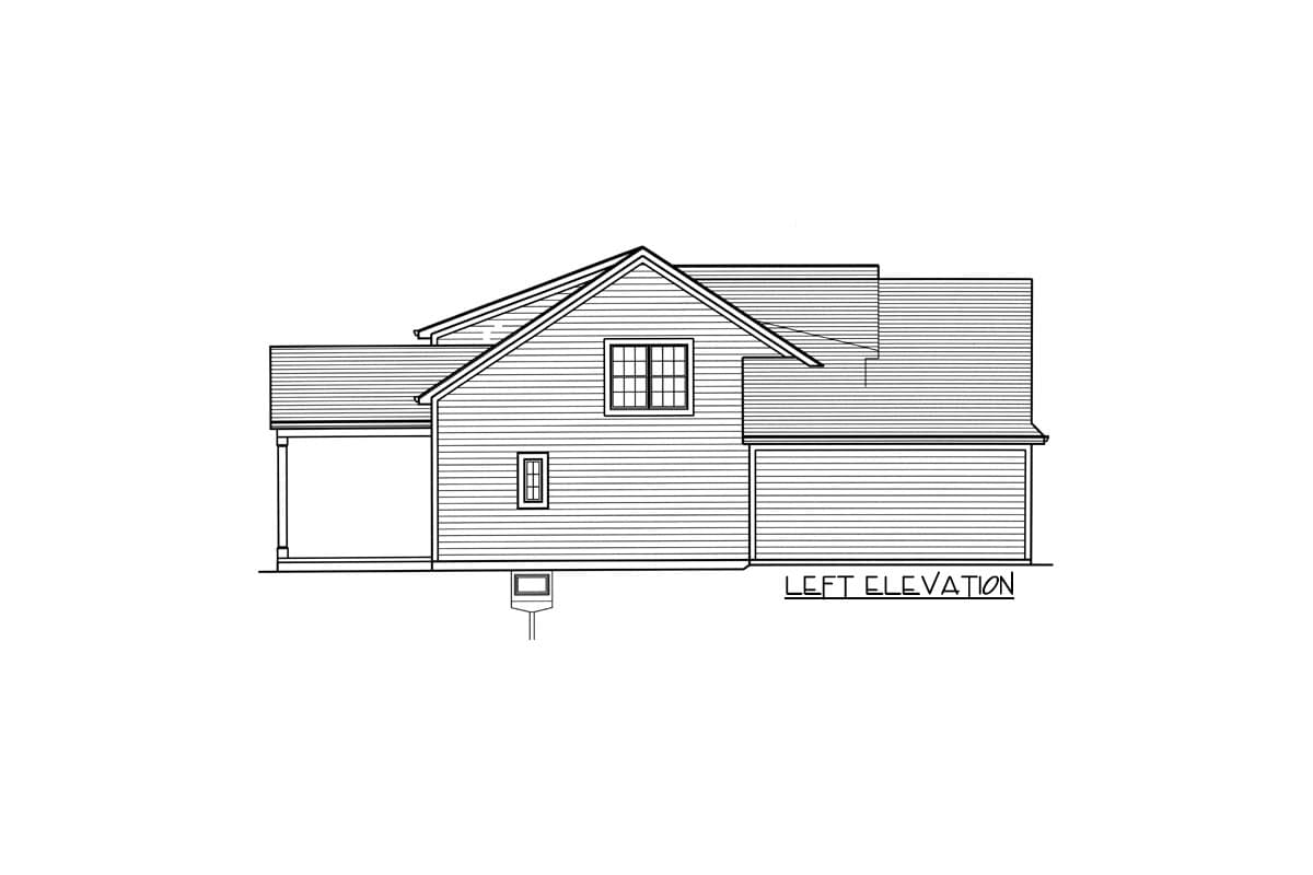 Left elevation drawing of a two-story house plan featuring a covered porch, gables, and attached garage.