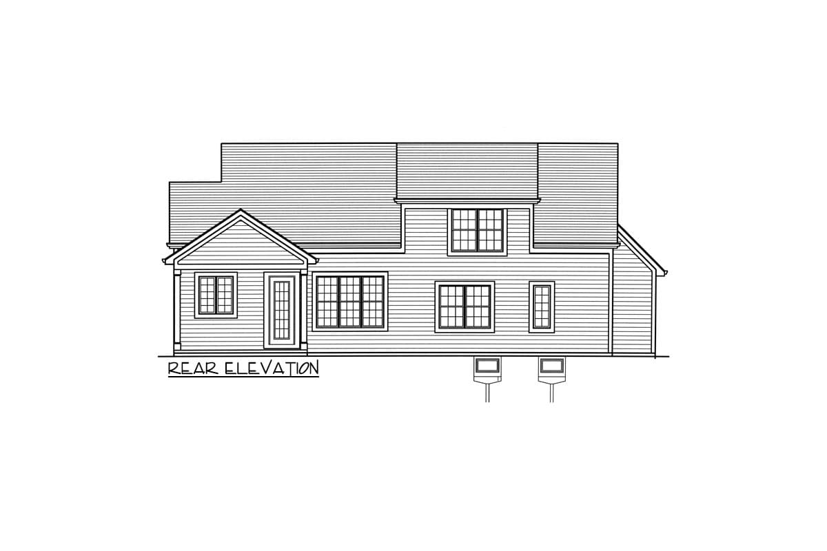 Rear elevation house plan drawing featuring multiple windows, a gabled entry porch with a glass-paned door, and a dormer.
