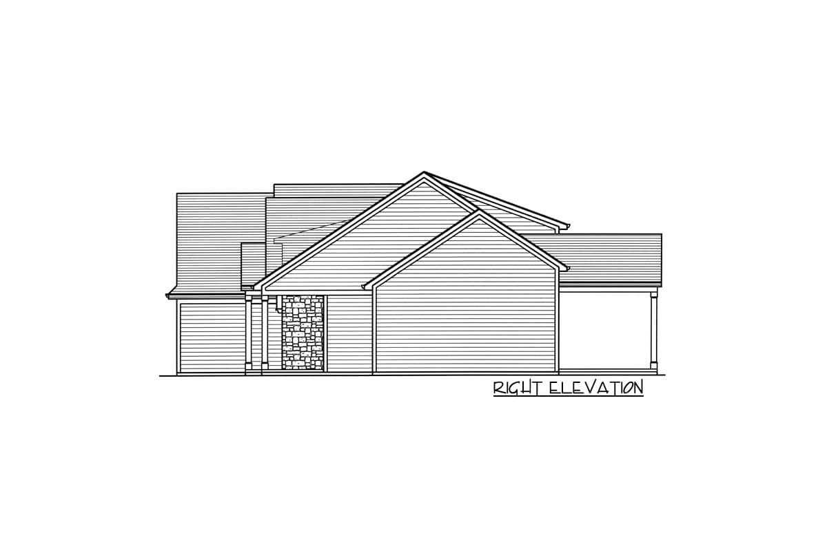 Right elevation drawing of a house plan with siding, stone accents, gabled rooflines, and a covered porch.