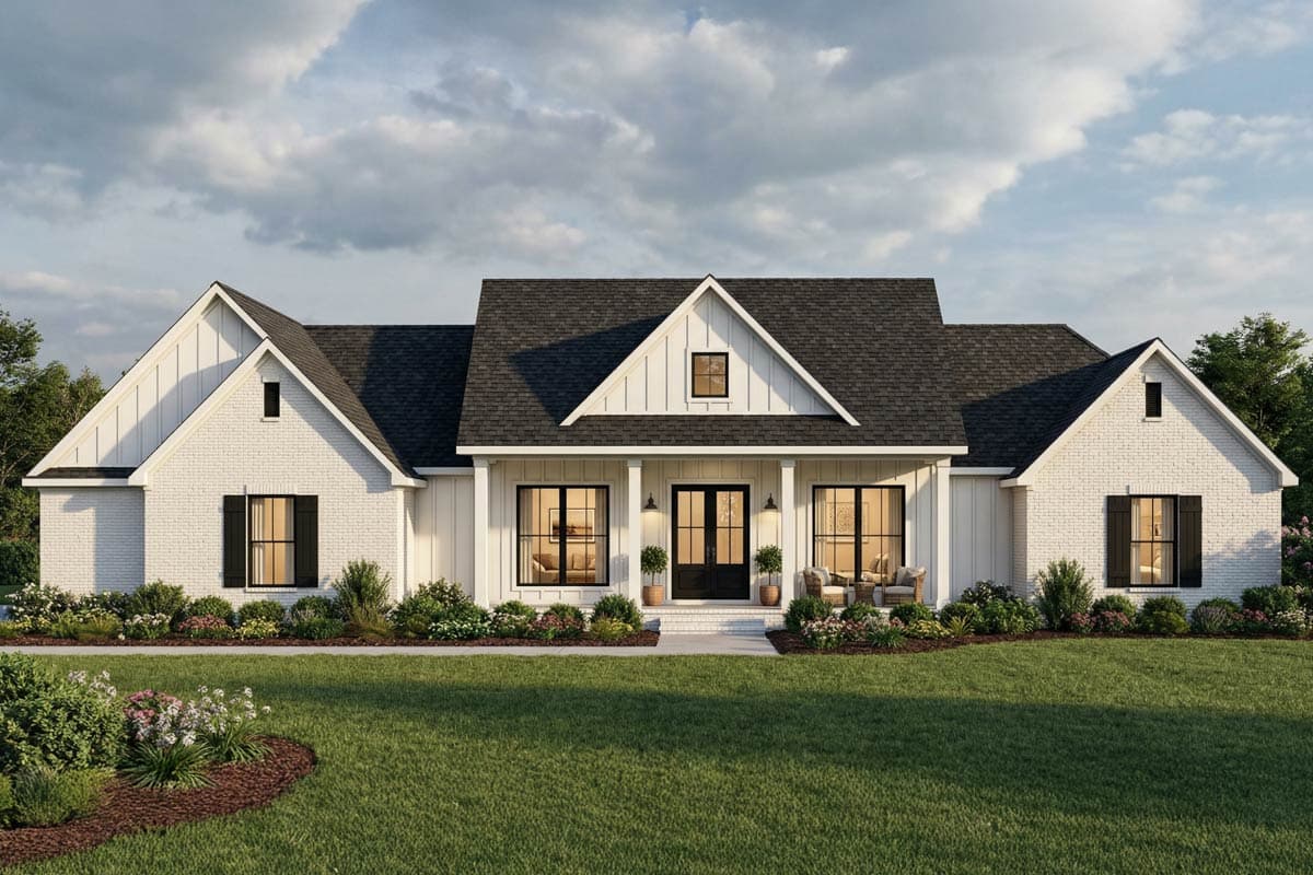 A white brick farmhouse with a dark gray roof. The house has black window frames and a porch with seating. Lush green lawn with flower beds.