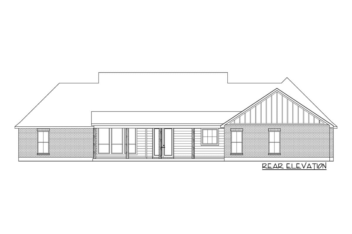 Line drawing of a house rear elevation. Features include brick and siding, a gabled roof, multiple windows, and a central doorway with glass panes.