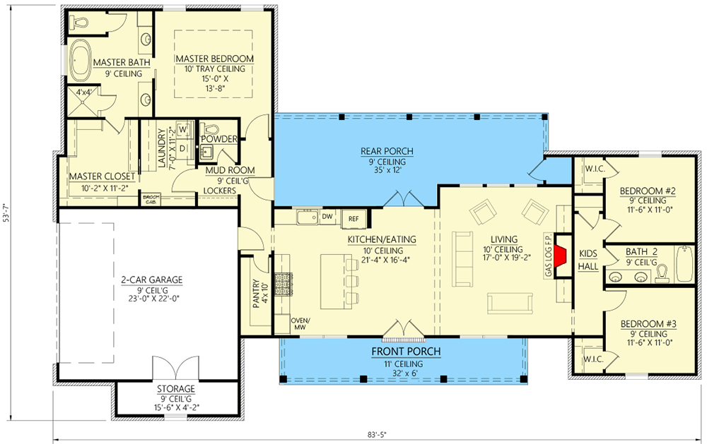 Plan 56443SM: Modern Farmhouse with Split Beds and Ample Outdoor Living Space - 1991 Sq Ft - Floor Plan - Main Level - Country, Farmhouse, Modern Farmhouse, New American, Ranch