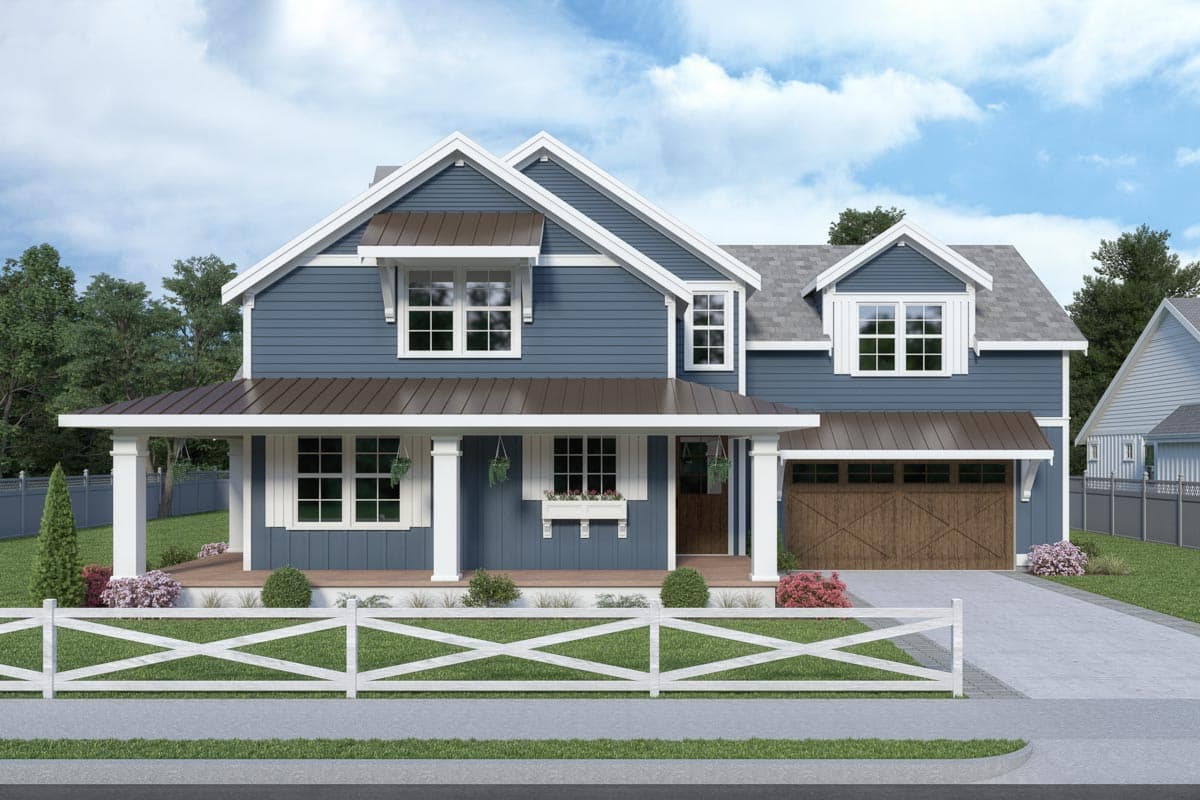 House plan exterior. Two-story Modern Farmhouse with a covered porch, dormers, and attached garage. Features a gabled roof.
