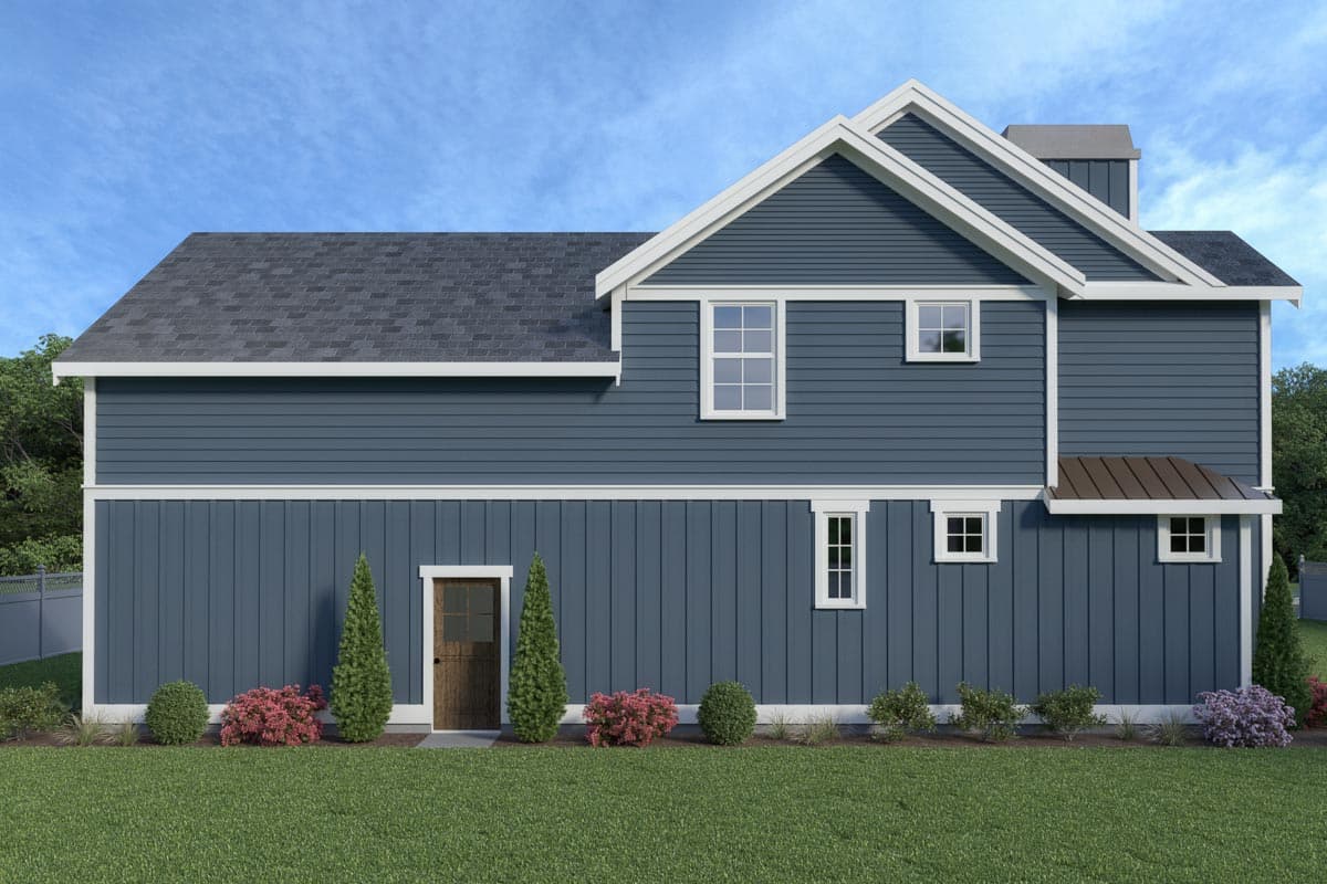 House plan exterior, two-story, blue siding, gable roof with white trim, dark wood door, and multiple windows.