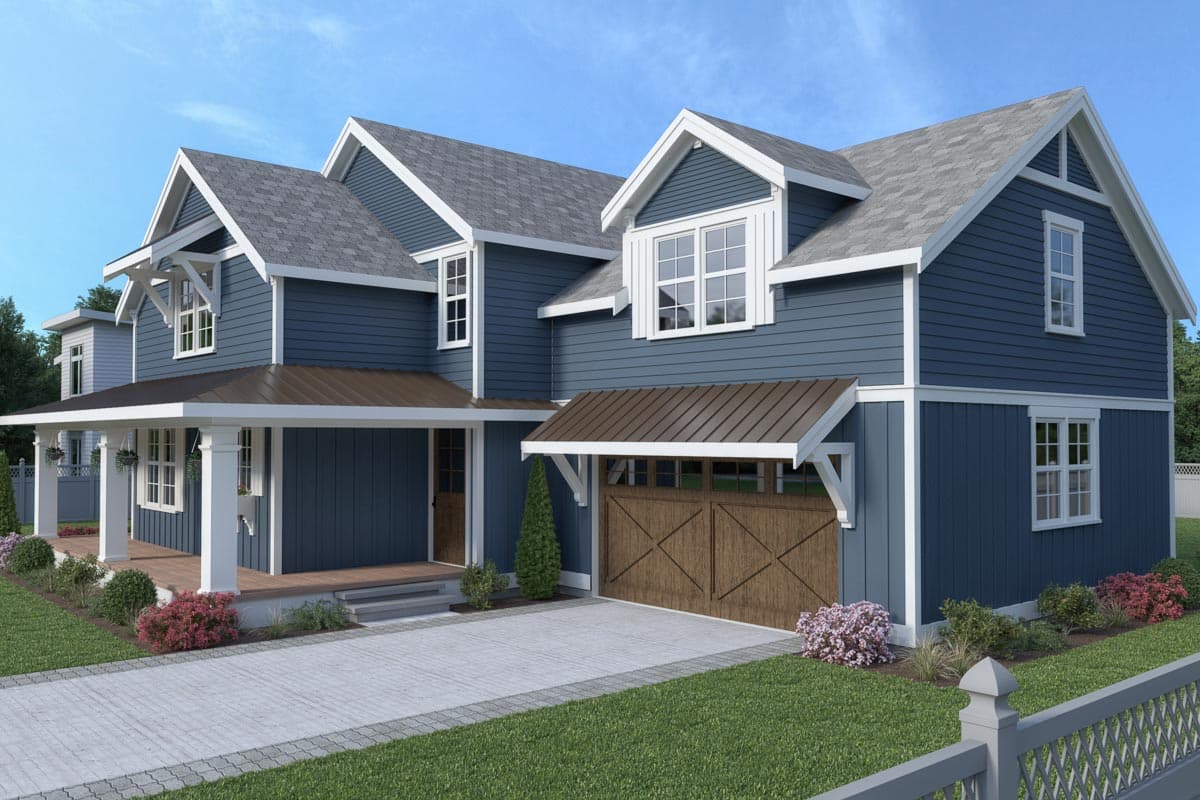 Modern Farmhouse house plan exterior, two stories, front porch, gables, dormers, and attached garage with wooden doors.
