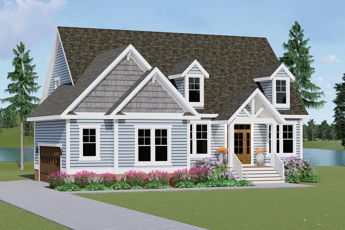 House plan exterior: Two-story Modern Farmhouse with a covered porch, gables with decorative brackets, and side-entry garage.
