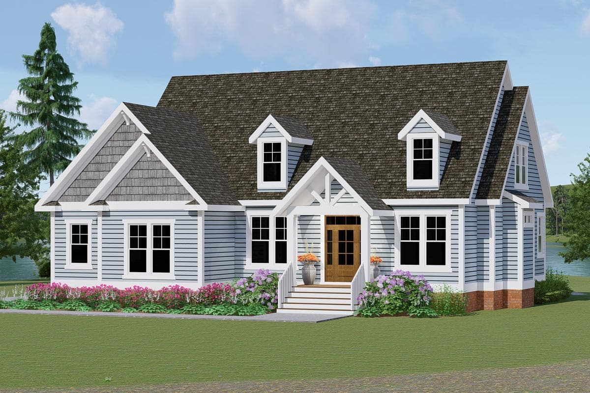 House plan exterior. Two-story with gabled roof, dormers, and a covered front porch. Features include shingle siding and a wood door.