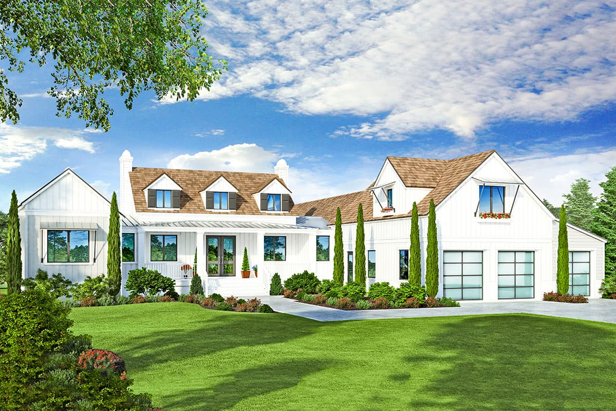 House plan exterior. Two-story Modern Farmhouse with gabled roof, dormers, and a garage with glass doors. Features a covered porch.