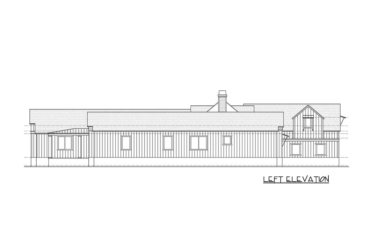Left elevation drawing of a house plan showing a long, one-story structure with a gabled second-story section, dormer, and chimney.