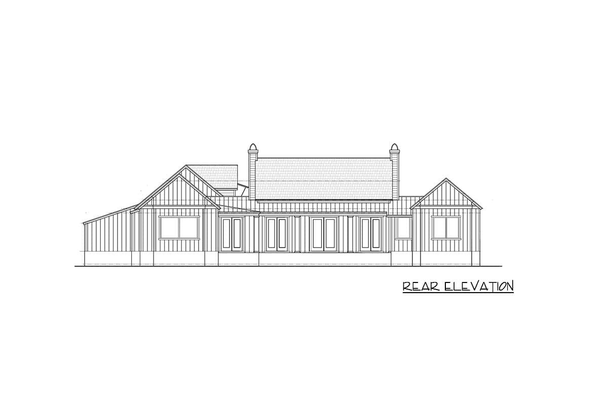 Rear elevation drawing of a house plan featuring gables, a prominent roofline, and multiple windows.
