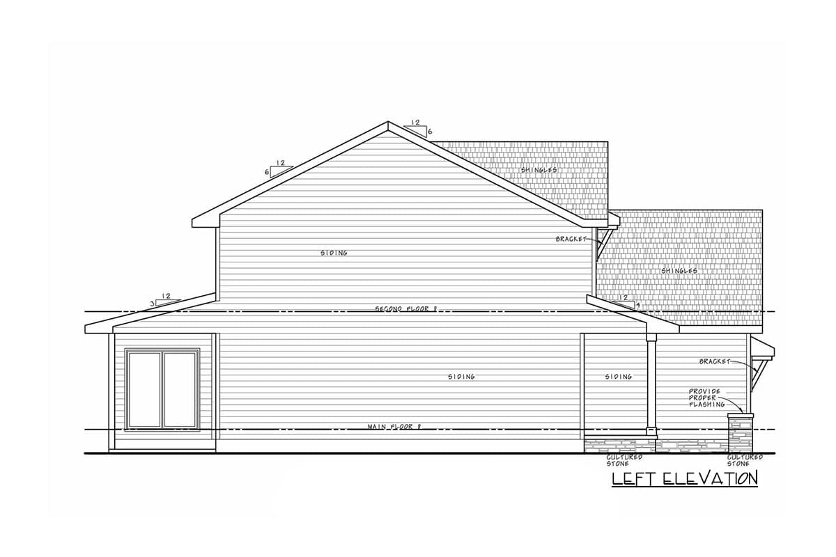 Left elevation house plan: siding, shingles, two stories, large window, stone-clad porch columns, and bracketed eaves.
