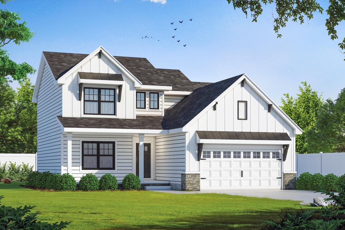 House plan exterior in a two-story farmhouse style. Features include multiple gables, a covered entry, and a two-car garage.