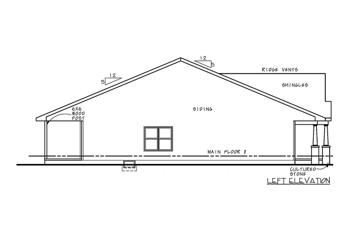 Left elevation house plan with siding, cultured stone, 6x6 wood posts, and pitched roof with shingles and ridge vents.