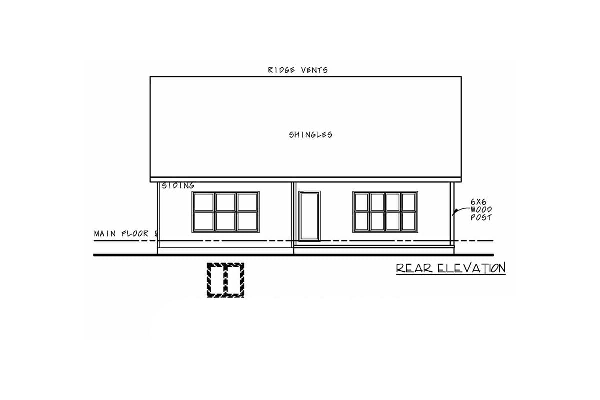 Rear elevation drawing of a house plan, showing siding, windows, a door, and a 6x6 wood post.