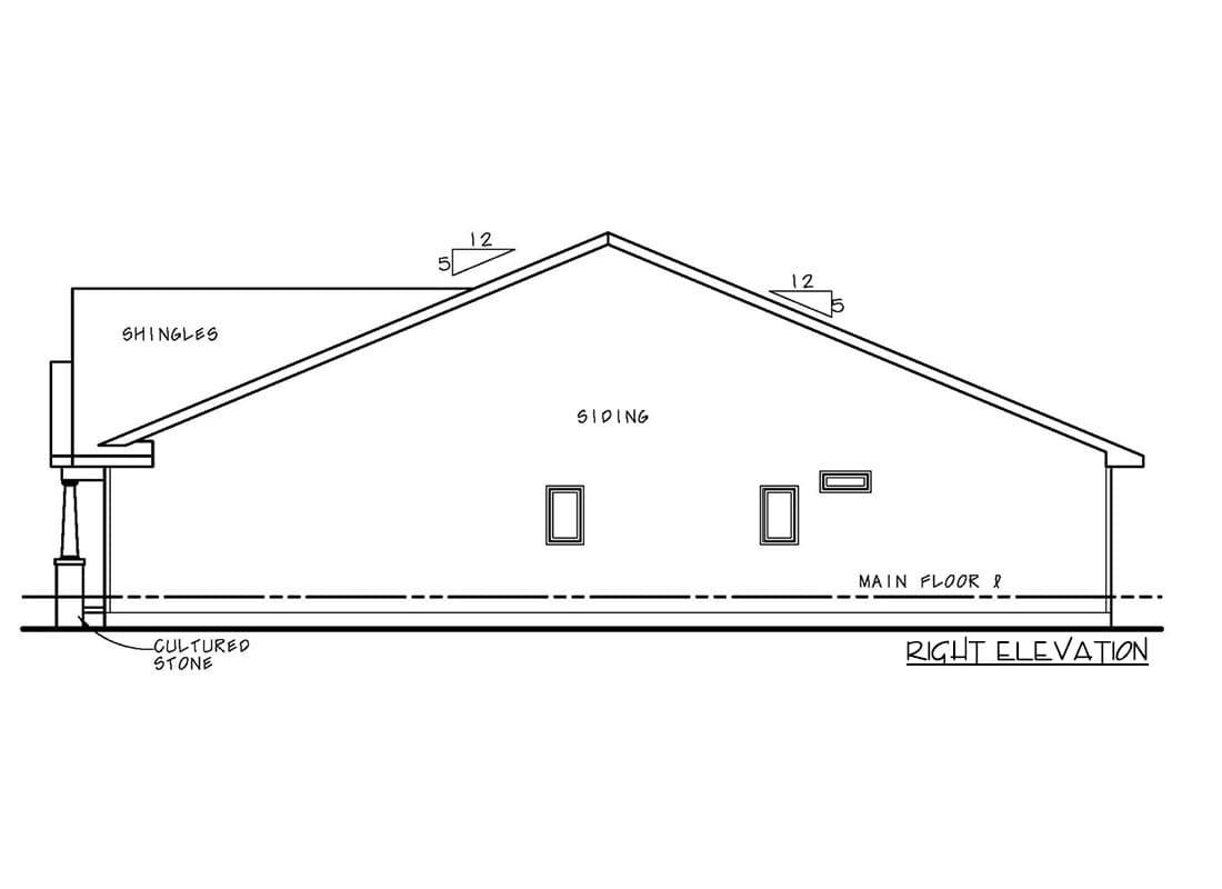 Right elevation drawing showing shingles siding cultured stone foundation two windows and a gable roof with 5:12 pitch.