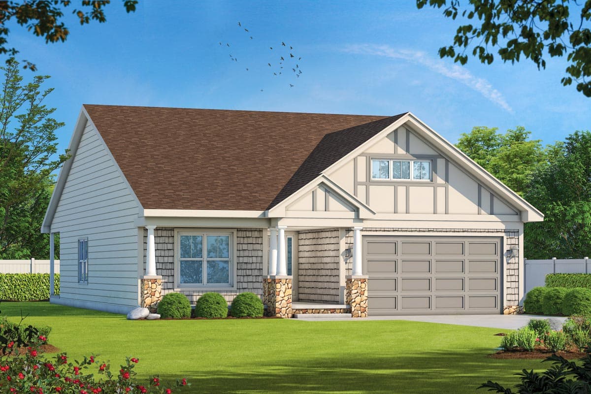 House plan exterior. Craftsman style, single story home with gabled roof, stone-clad porch columns, and an attached garage.
