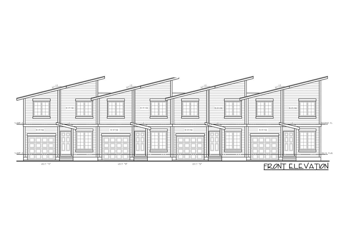 Front elevation of a townhouse plan with pitched roofs, two stories, lap siding, and multiple garage doors and entry doors.